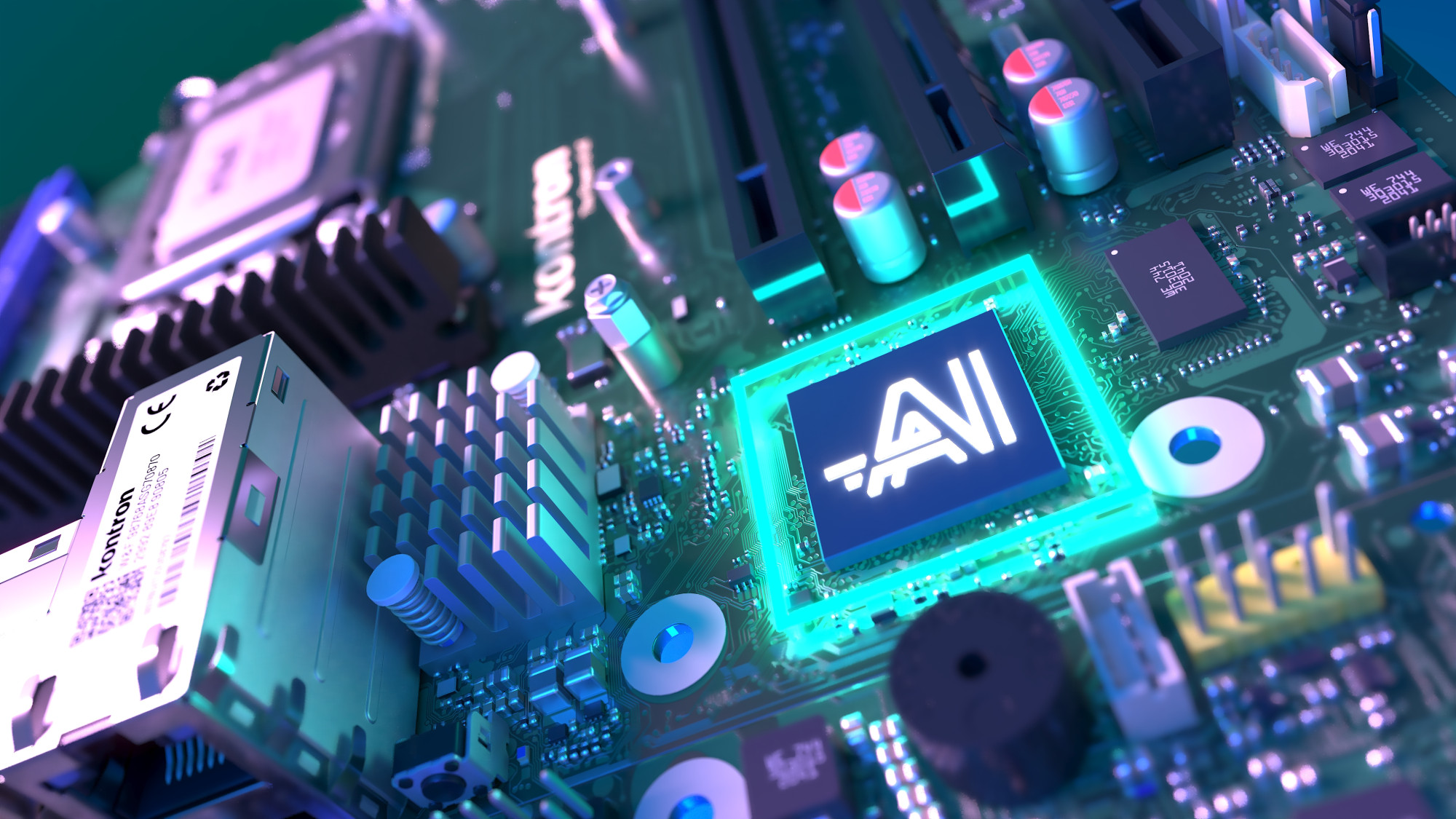A close-up view of a detailed computer motherboard featuring glowing circuitry, a prominent AI chip in the center, and various electronic components, all illuminated with a futuristic blue-green hue.