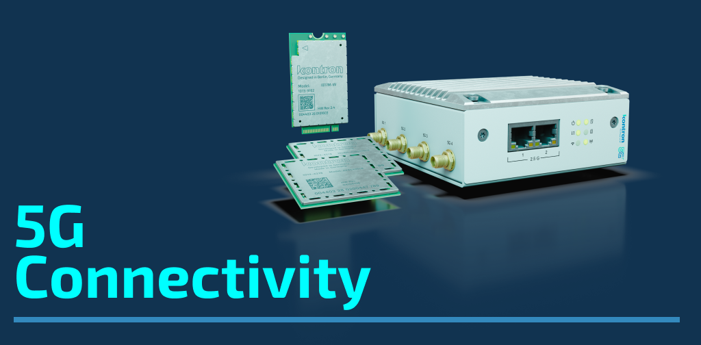 A 5G connectivity device with multiple ports and a sleek design, accompanied by two circuit boards. The background is dark blue, and the text "5G Connectivity" is prominently displayed in bright blue.