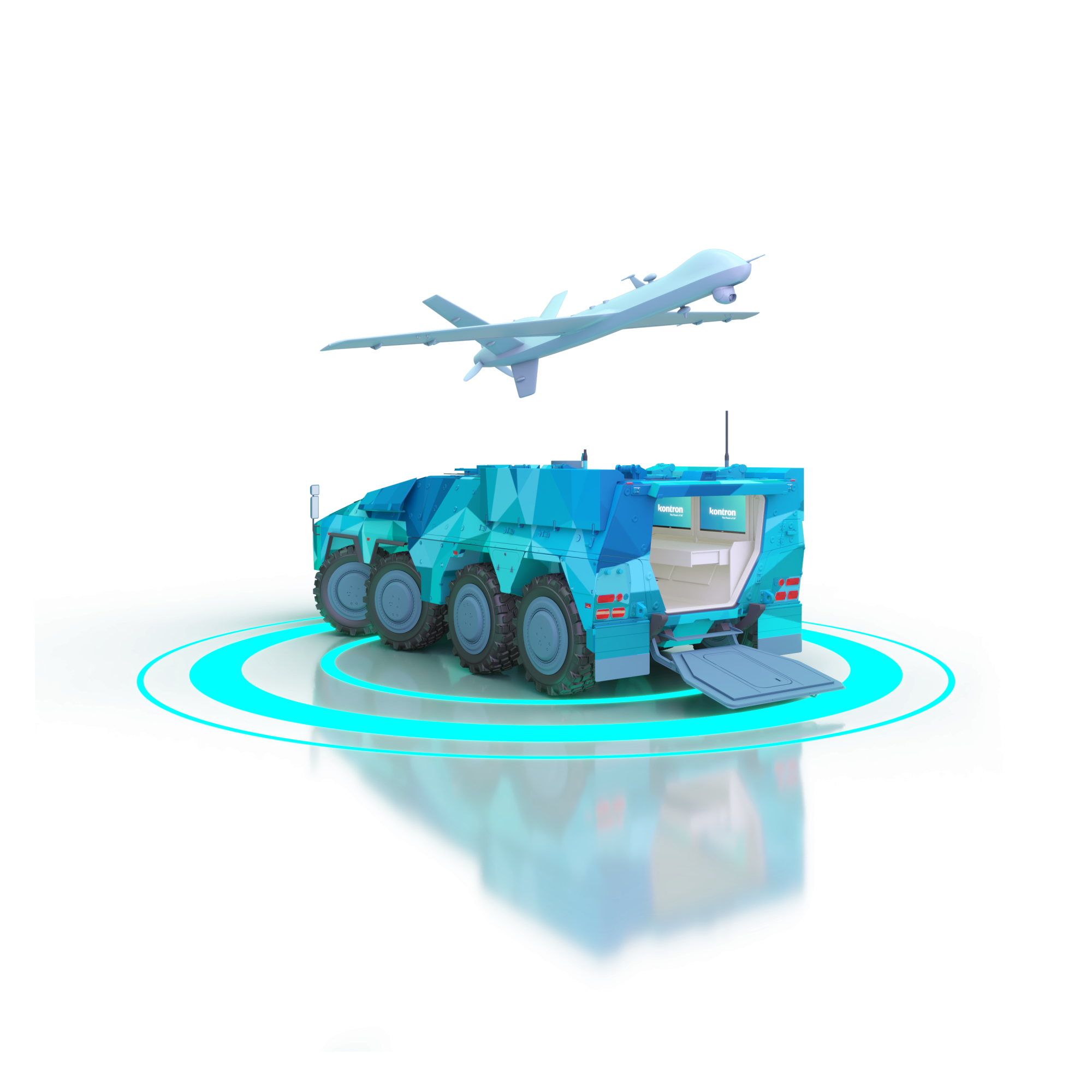 A stylized military vehicle in blue and green shades is positioned on a glowing circular platform. Above it, an unmanned aerial vehicle (drone) flies, creating a sense of advanced technology and strategic operations.