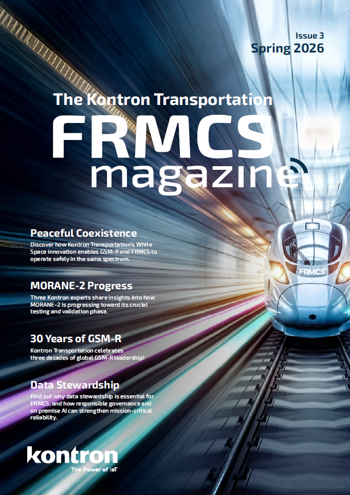 A magazine cover featuring a high-speed train in motion against a blurred background, with the title "FRMCS Magazine" prominently displayed. The cover includes sections on coexistence in transportation, progress on MORANE-2, and data stewardship, along with the publication issue and date.