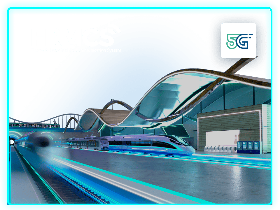 A futuristic train station featuring a sleek high-speed train and an artistic wave-shaped roof design. The environment emphasizes advanced technology with a focus on 5G connectivity. Bright neon accents enhance the modern aesthetic.