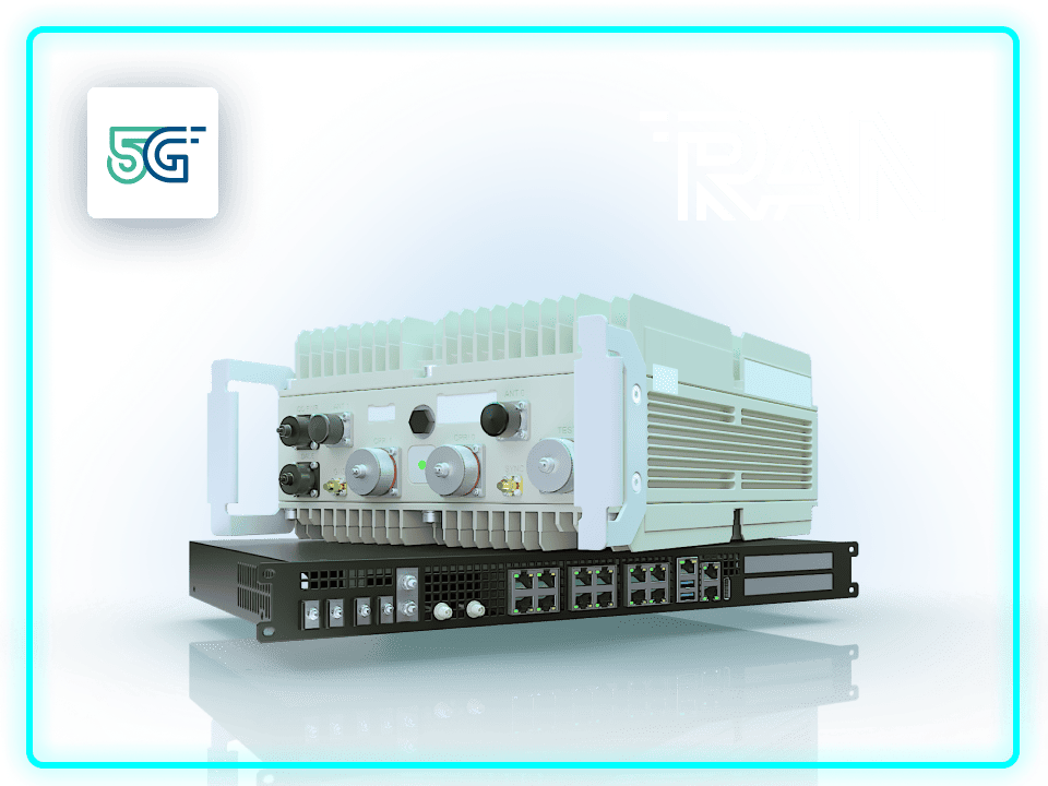A 3D rendering of a telecommunications device labeled "TRAN" designed for 5G networks, featuring multiple ports and a compact design. The background has a glowing blue border.