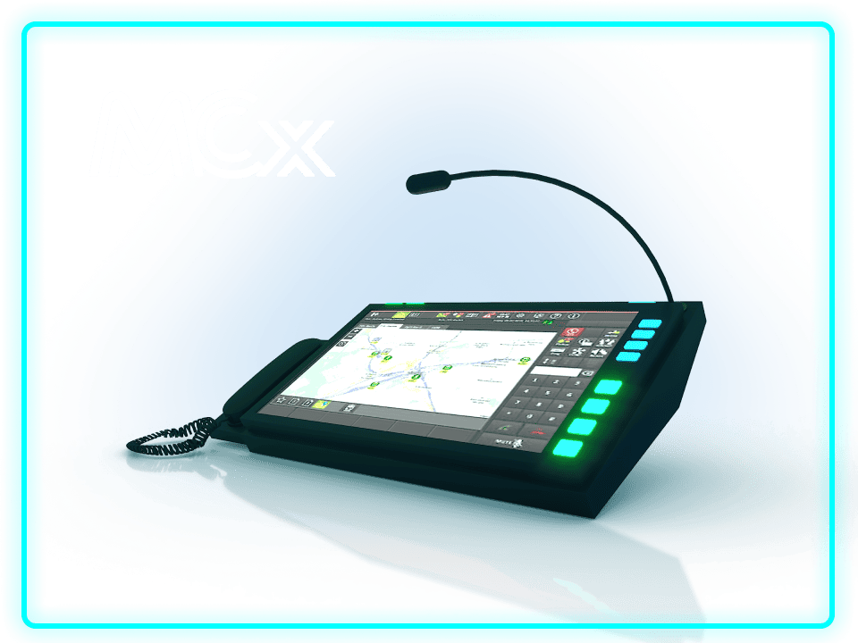 A modern digital dispatch console featuring a large touchscreen display, a microphone attachment, and various function buttons, set against a glowing blue border.