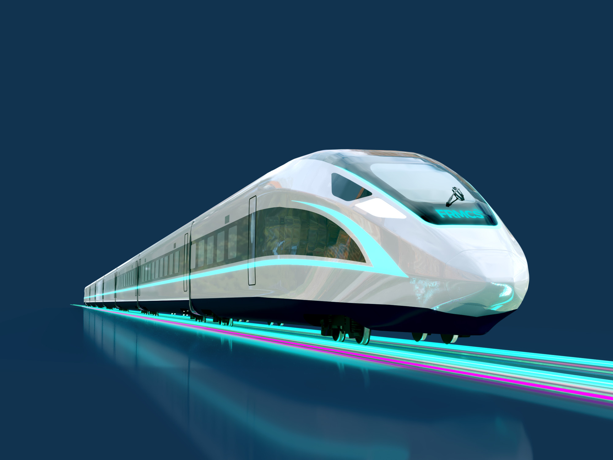 A sleek, futuristic train design with a streamlined shape and bright white exterior. The train is set against a dark blue background, with colorful light streaks beneath it, suggesting speed and movement.