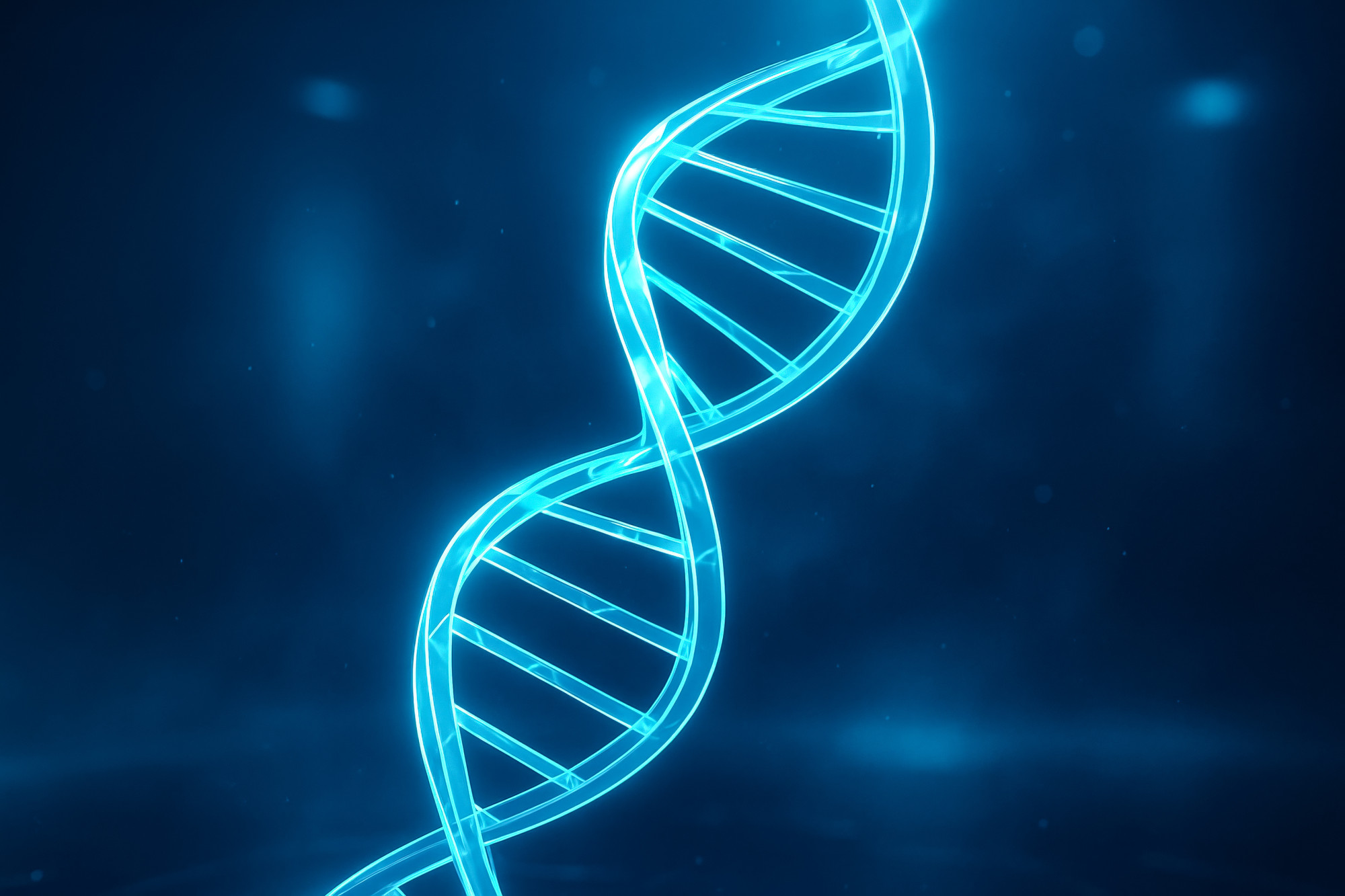 A glowing blue DNA double helix against a dark background, creating a futuristic and scientific atmosphere.