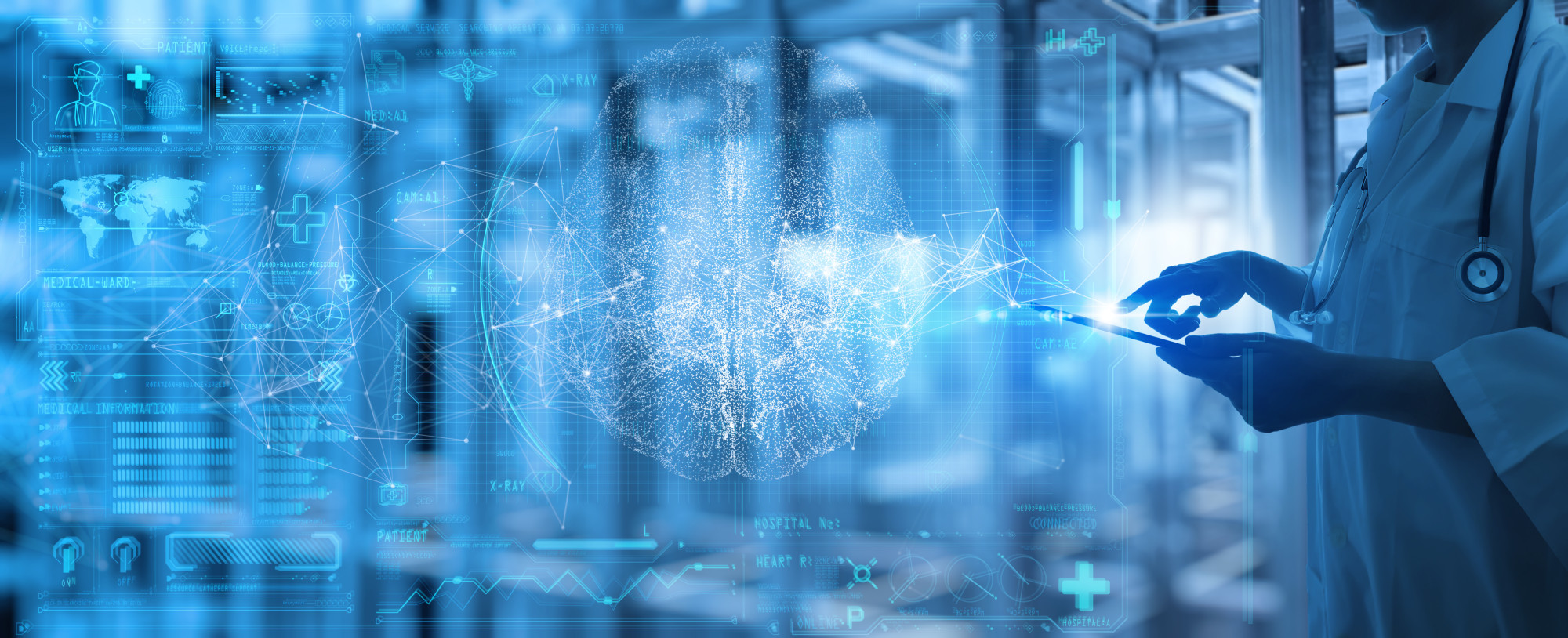 A medical professional in a lab coat interacts with a digital tablet displaying a holographic representation of a brain and health data visualizations. The background features a modern research environment with glowing technological elements.