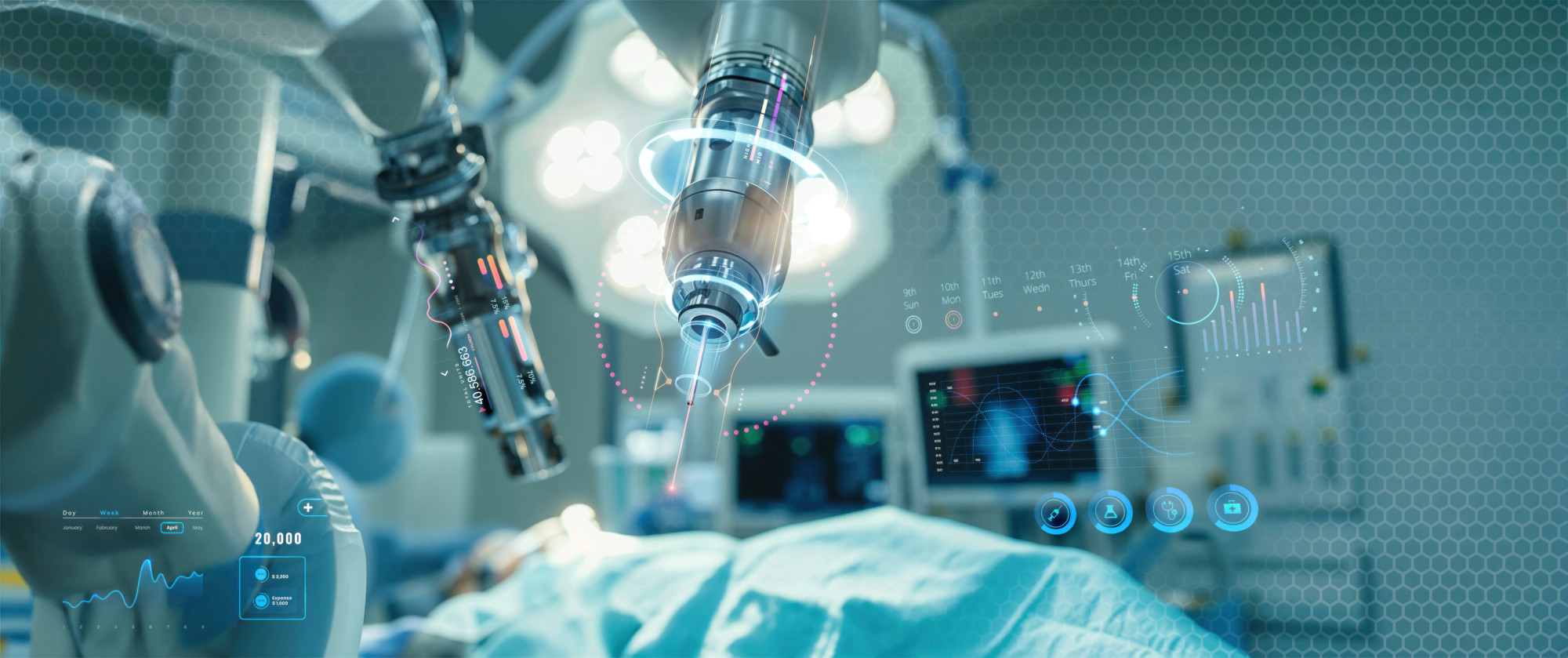 A close-up view of a robotic surgical system in an operating room, featuring advanced technology overlays displaying health data and surgical metrics. Surgical instruments are positioned above a patient covered with a blue surgical drape.