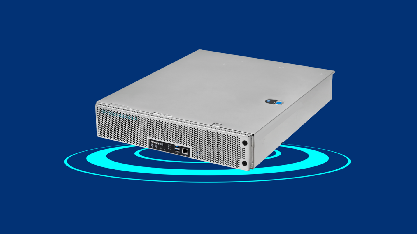 A sleek, silver computer server with a vented front, featuring blue power and connectivity buttons, set against a deep blue background with concentric circular designs.