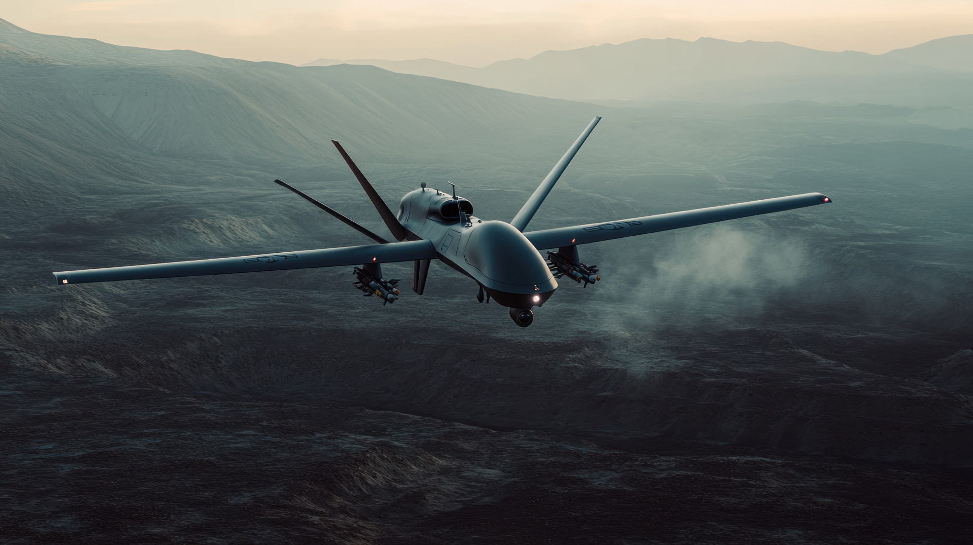 A military drone flies above a rugged landscape at sunset, casting a dramatic silhouette against the mountainous backdrop.