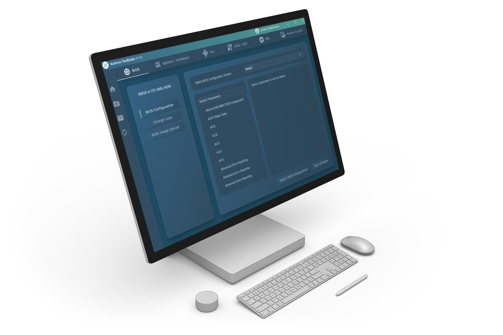 A modern computer monitor displays a dark-themed user interface with various sections like system settings and user accounts. There is a keyboard and a sleek pen next to the monitor on a white surface.