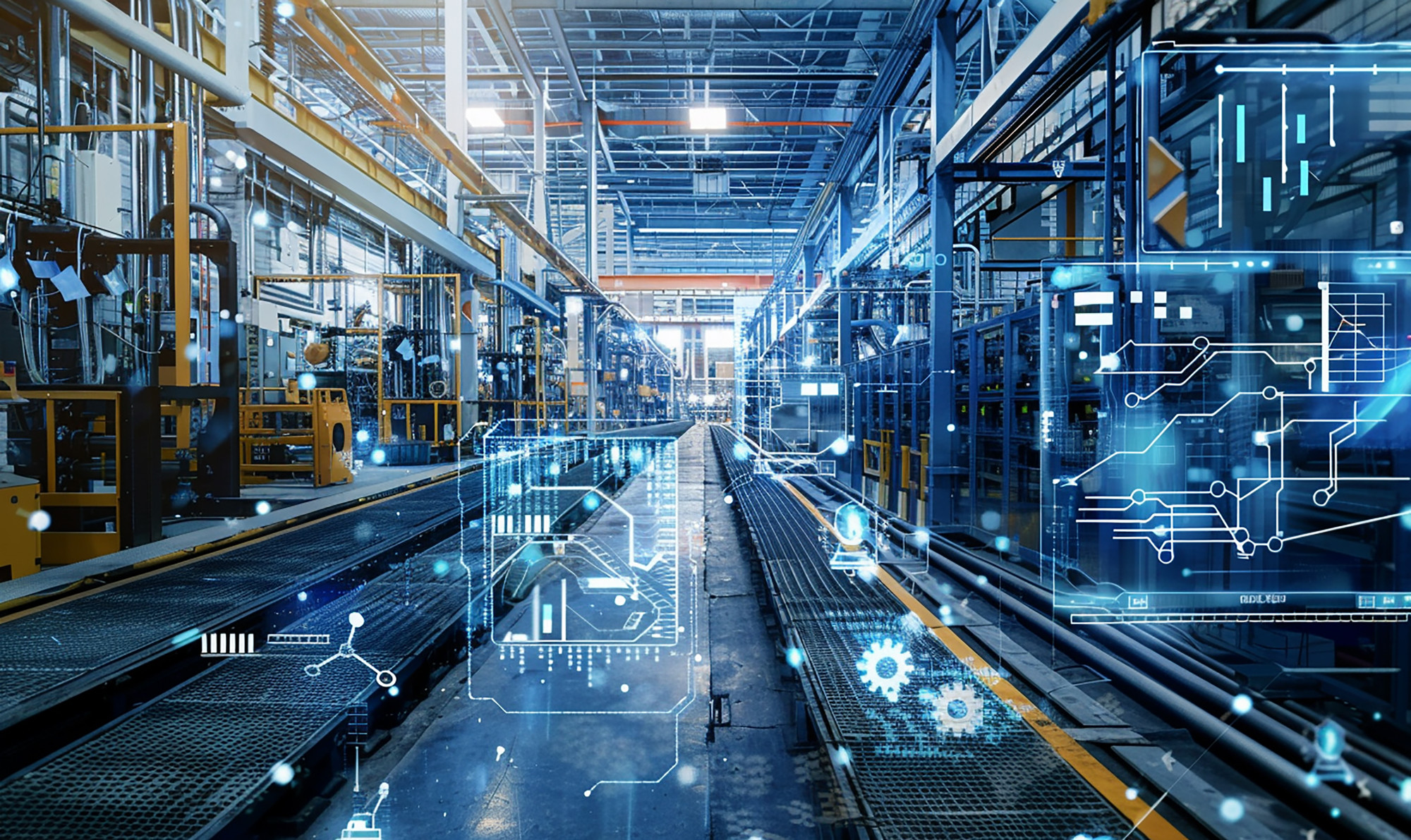 A modern industrial factory interior with high ceilings, wide aisles, and machinery. Digital overlays with graphs, gears, and circuit patterns suggest advanced technology and automation.