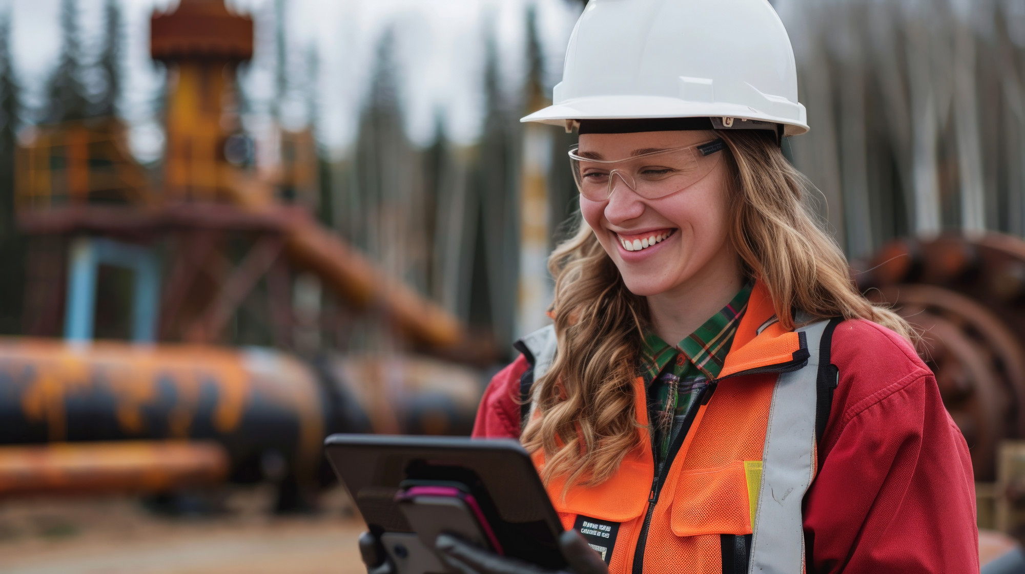 A smiling woman wearing a hard hat, safety glasses, and an orange safety vest is using a tablet. Industrial equipment and trees are visible in the background, suggesting an outdoor work environment.