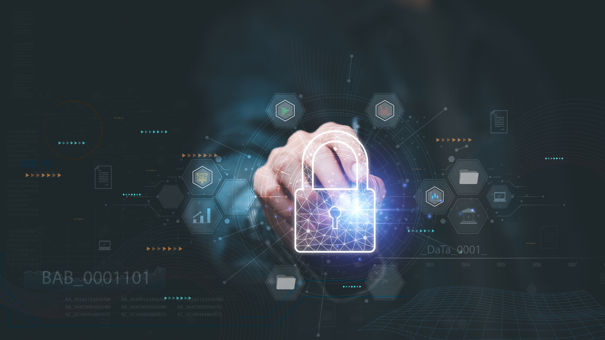 A hand reaching toward a glowing digital padlock icon, surrounded by various technological symbols and data patterns against a dark background.