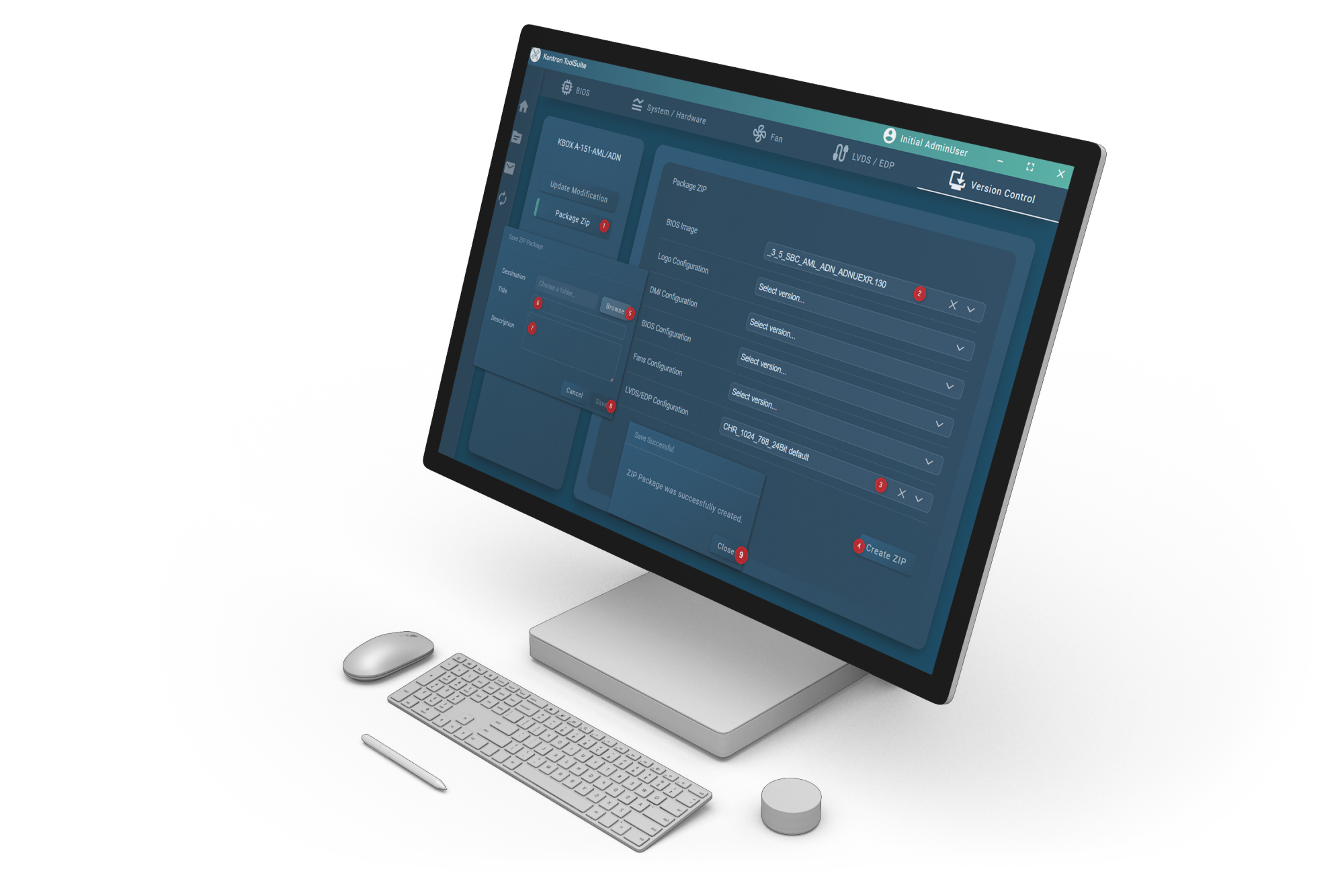 A modern computer monitor displays a dark-themed user interface featuring various control options and settings. Below the screen, a sleek keyboard and a round control knob are visible on a light surface.