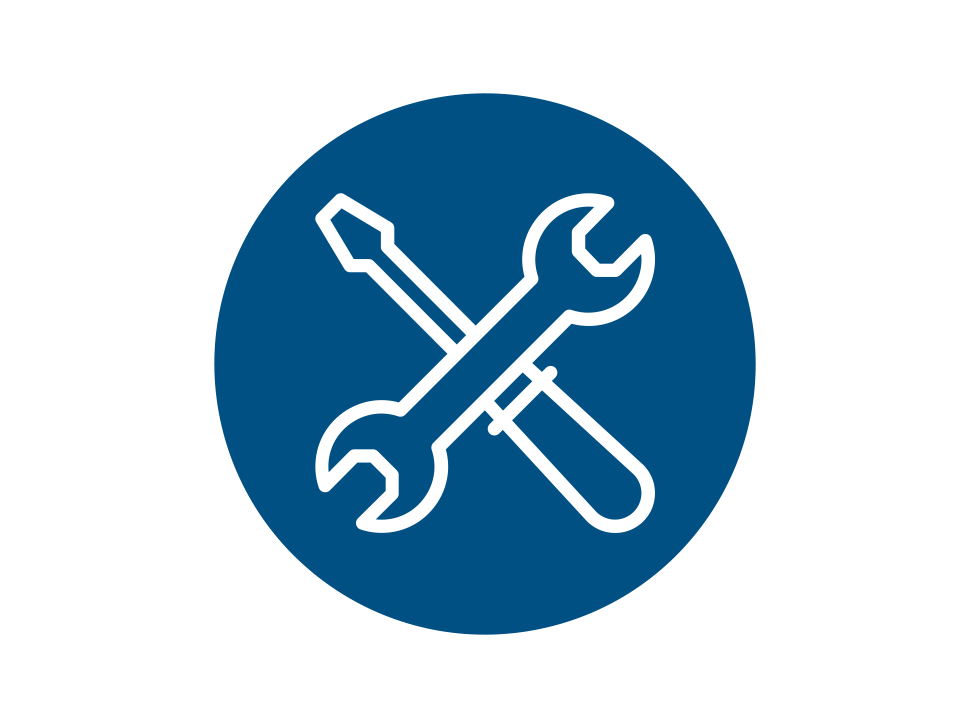 Blue circular icon featuring a crossed wrench and screwdriver in white outline.
