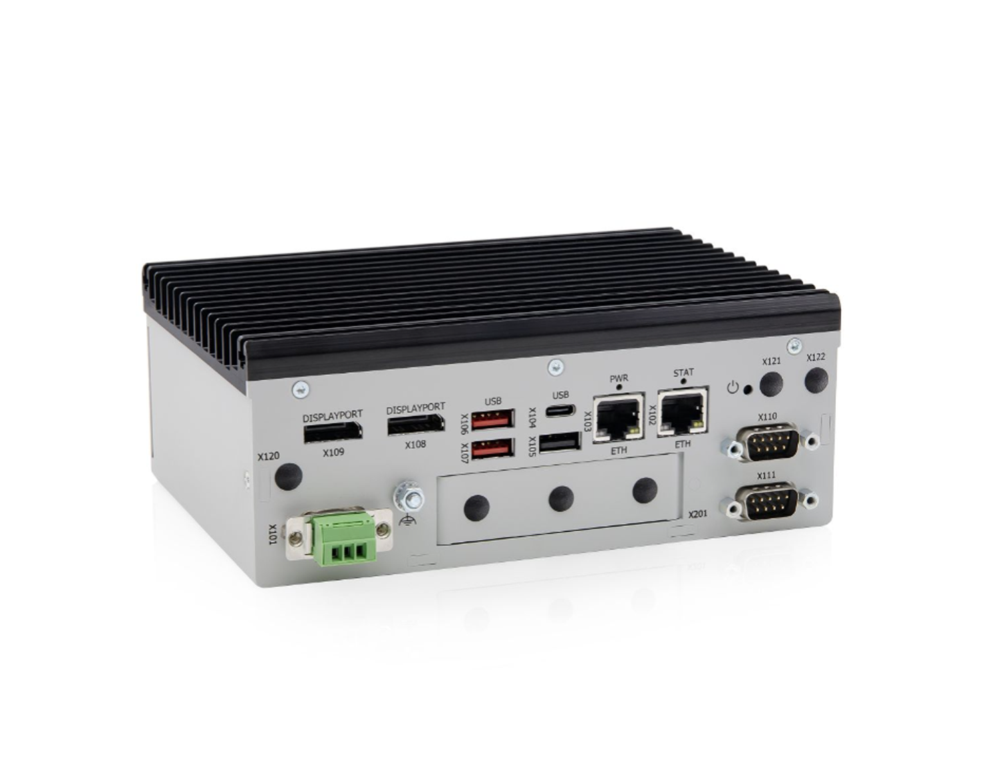 A compact industrial computer with multiple ports, including USB, Ethernet, and serial connections, featuring a rugged aluminum casing with a heat sink on top.