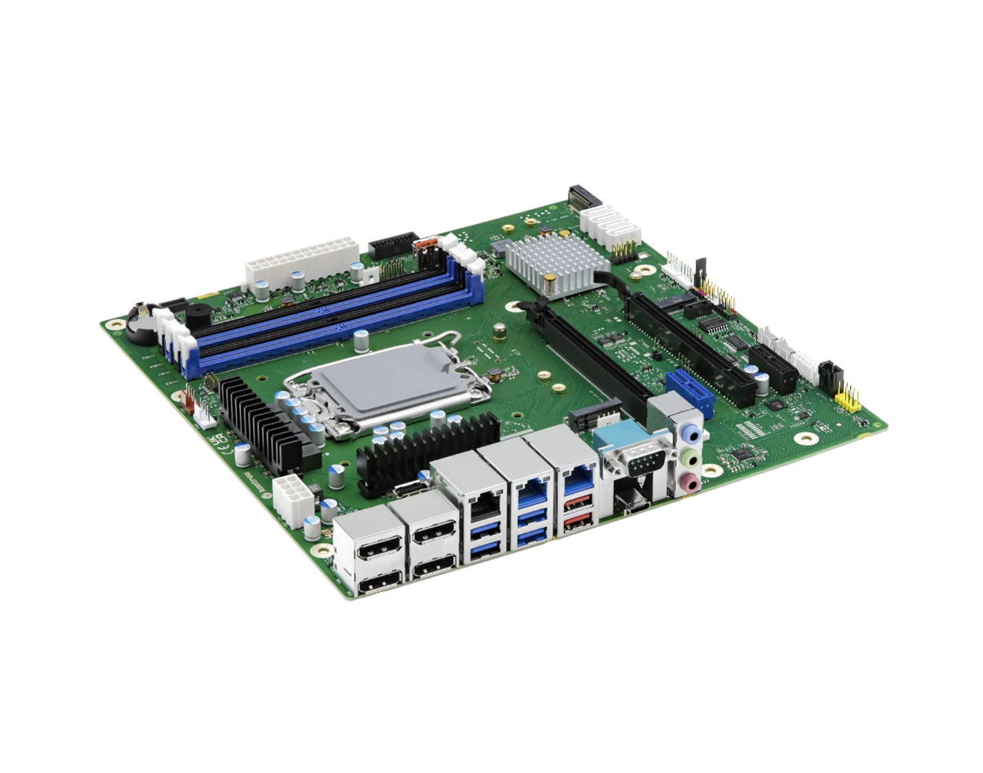 A green motherboard with various ports and connectors, including USB ports, memory slots, and a CPU socket. Components like heatsinks and capacitors are visible around the board.