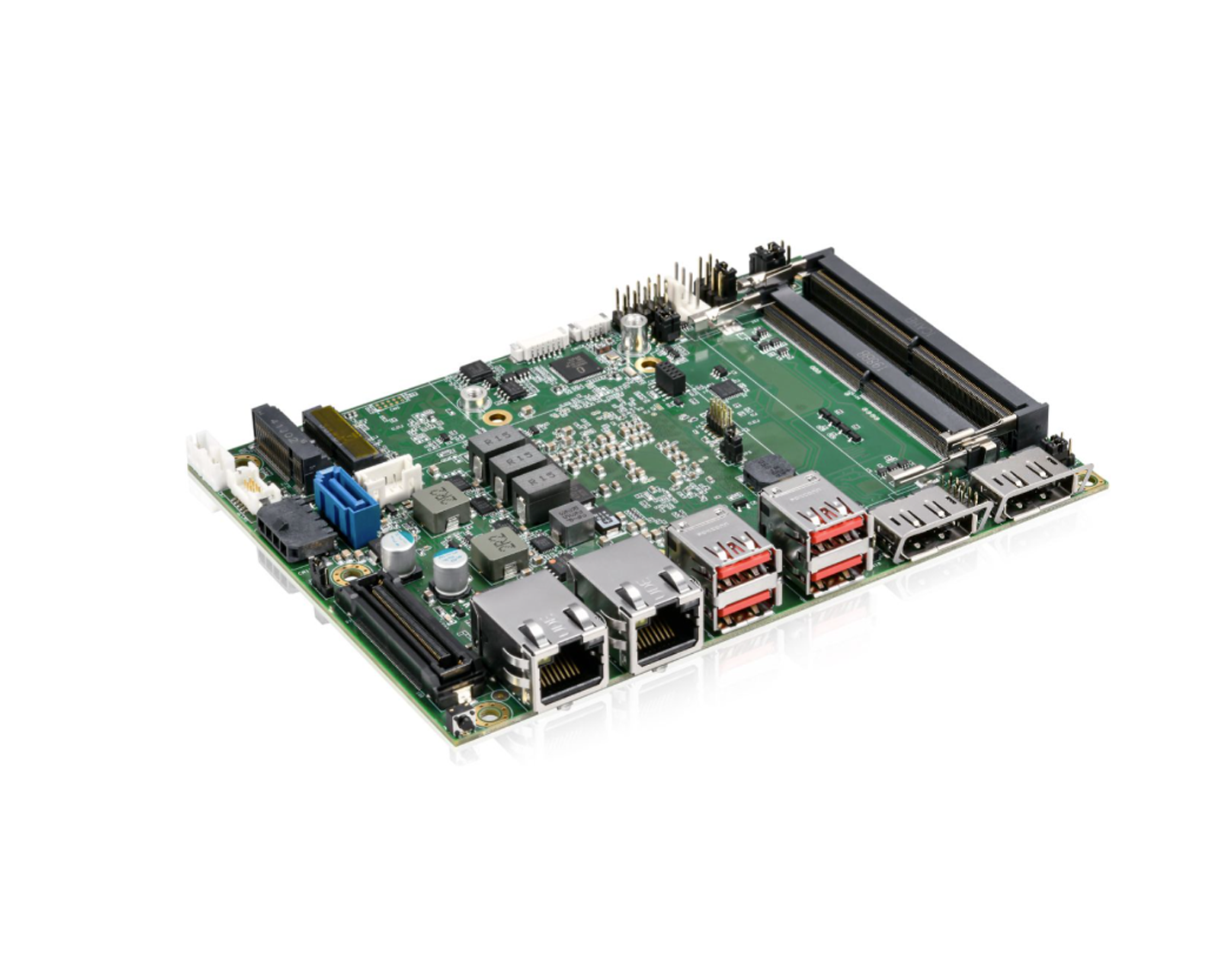 A green printed circuit board featuring various ports, chips, and connectors, designed for electronic devices.