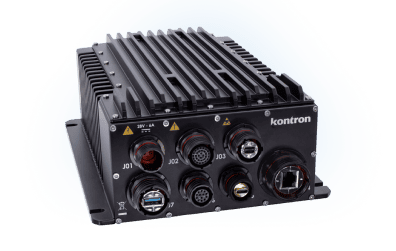 A compact black industrial computer with multiple ports and connectors on the front, featuring a rugged design and ventilation grilles.