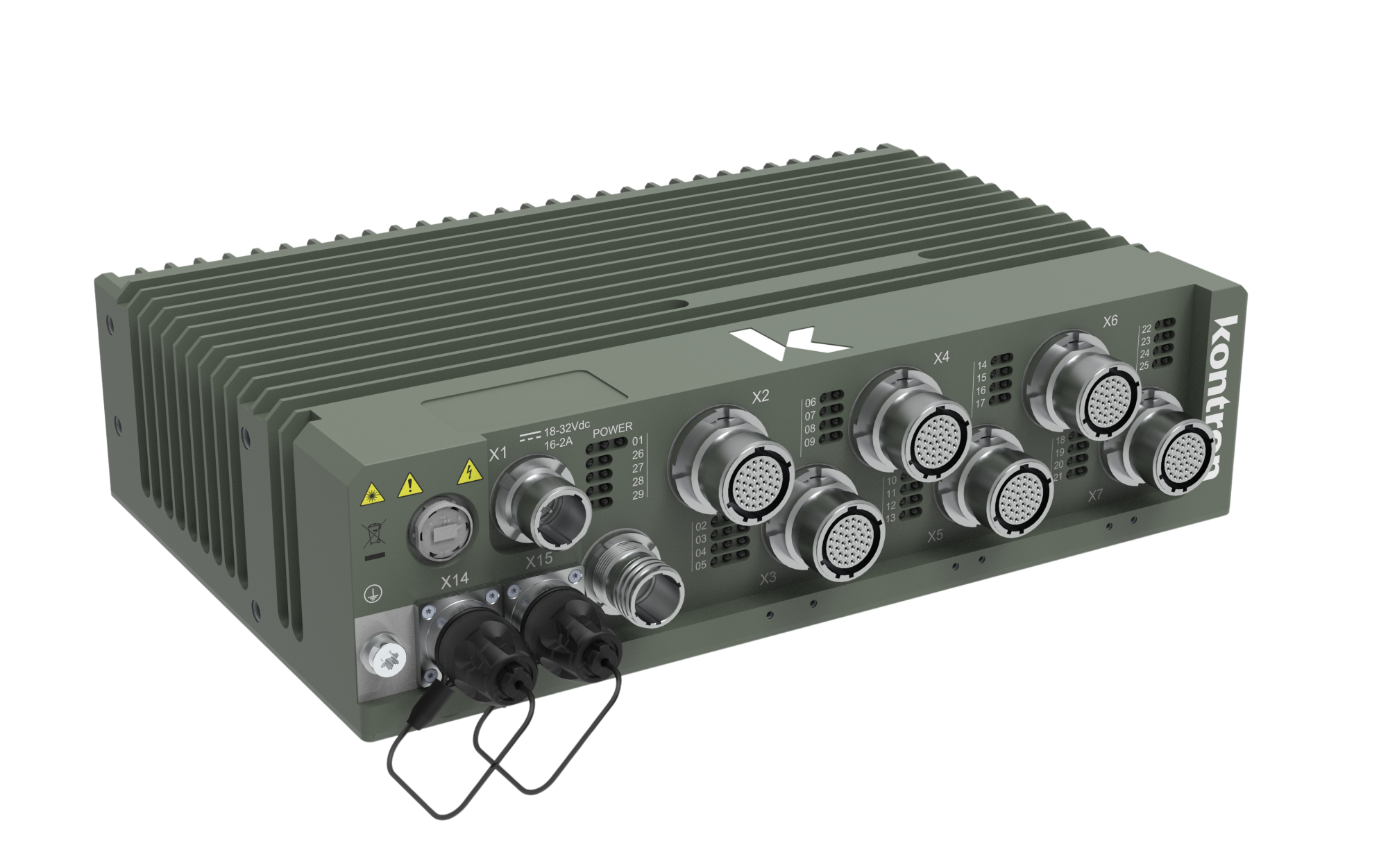 A green industrial control unit with multiple circular connectors, labeled X1 to X6, and two other ports at the bottom. The unit has a striped design and features a logo with the letter "K" on the top.