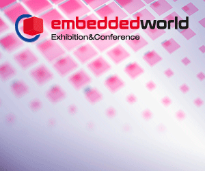 A colorful gradient background featuring pink and purple squares, with the logo for "embedded world Exhibition & Conference" prominently displayed.