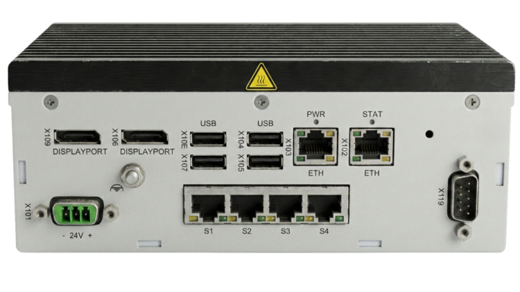 A compact industrial computer with various ports on the back including HDMI, USB, Ethernet, and a serial port. There are also indicator lights and a power input.