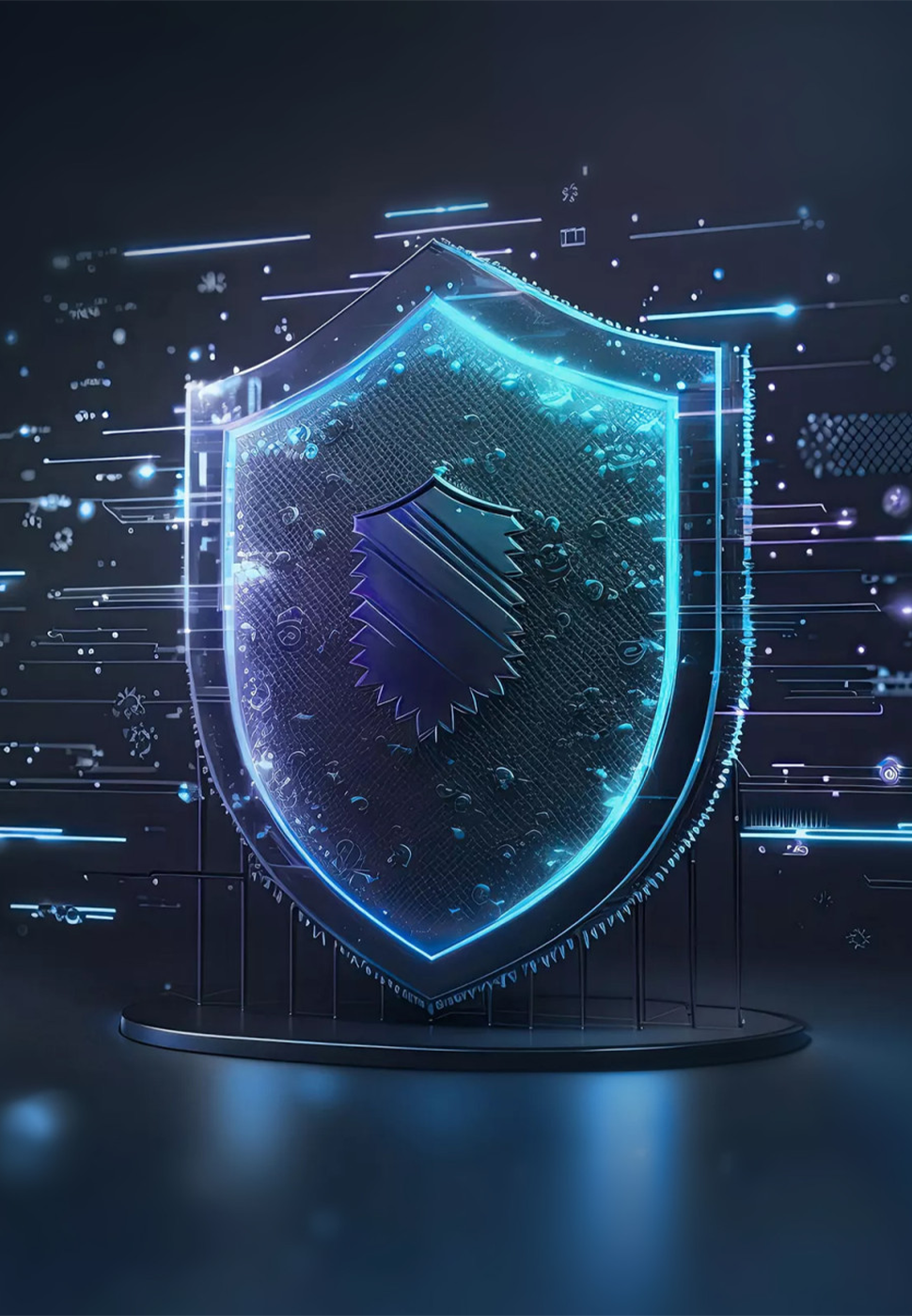 A glowing blue shield surrounded by digital elements and patterns, set against a dark background. The shield features a textured surface and a central emblem, conveying a sense of security and technology.