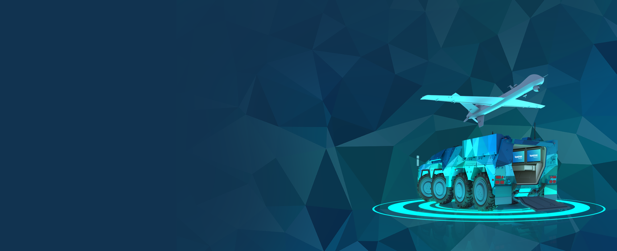 A futuristic military vehicle is positioned on a circular platform, with an aircraft hovering above it. The background features a geometric blue design, enhancing the modern and technological theme.