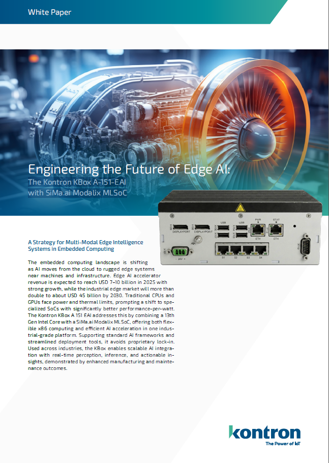 A sleek white paper titled "Engineering the Future of Edge AI" by Kontron, featuring technical graphics of a machinery engine and a Kontron KBox A-151-EAI device. The document outlines strategies for multi-modal edge intelligence systems in embedded computing.