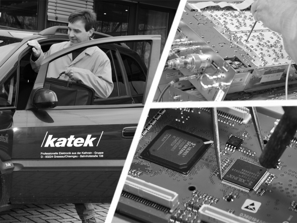 A man in work attire inspecting a vehicle, with a company logo on the side. Two close-up shots show circuit boards and IT components being worked on, highlighting the intricacies of electronics assembly.