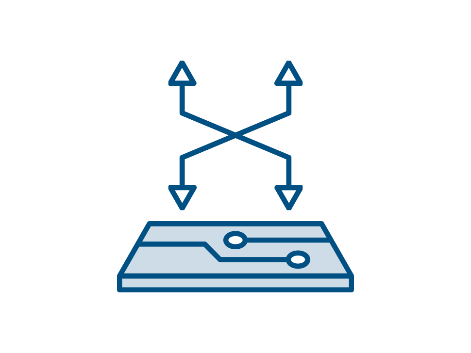 An icon depicting a surface with arrows diverging in multiple directions, suggesting dispersion or distribution.