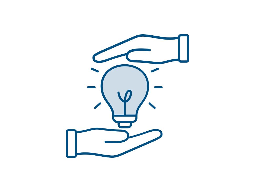 A lightbulb is cradled between two hands, symbolizing support and the nurturing of ideas.