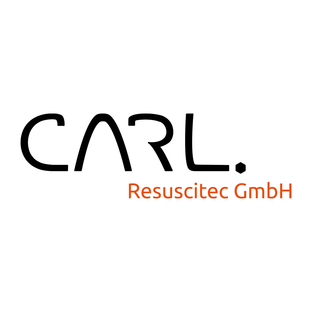 Logo featuring the word "CARL" in bold black letters, with a stylized letter "A" resembling an upward arc. Below, "Resuscitec GmbH" is written in orange.