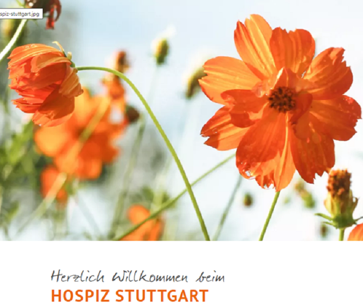Bright orange flowers bloom against a soft-focus background. The text at the bottom reads "Herzlich Willkommen beim HOSPIZ STUTTGART."
