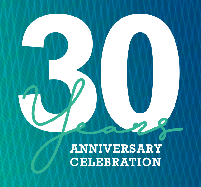 Bold text displaying "30 Years" in large numbers, with "Anniversary Celebration" in a smaller font underneath, all set against a blue and green gradient background featuring a diamond pattern.