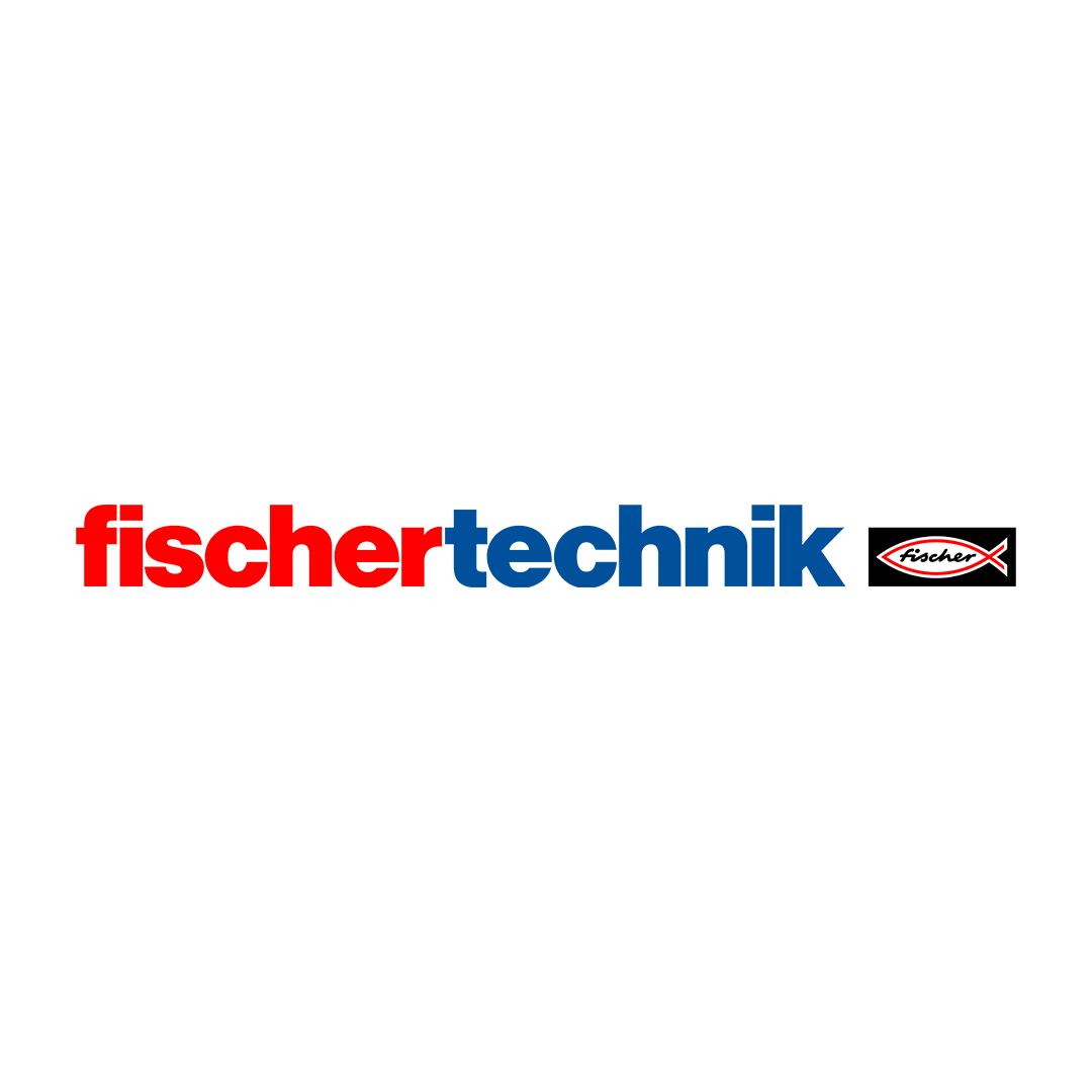 Logo featuring the word "fischertechnik" in red and blue, with a black label displaying the Fischer brand logo.