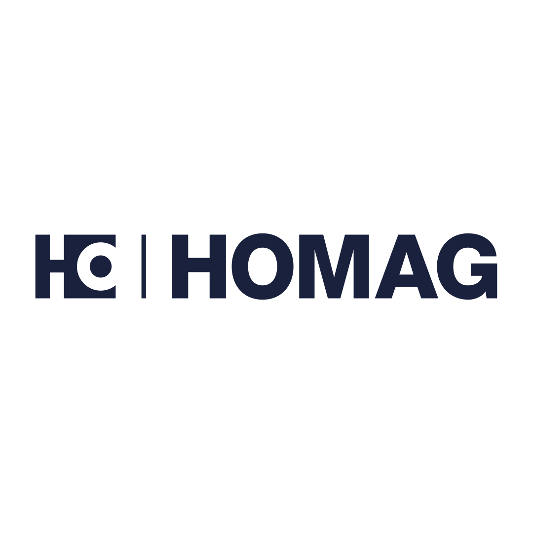 The logo features the letters "HOMAG" in bold, dark blue text with the "H" stylized and a vertical line separating it from the rest of the word.