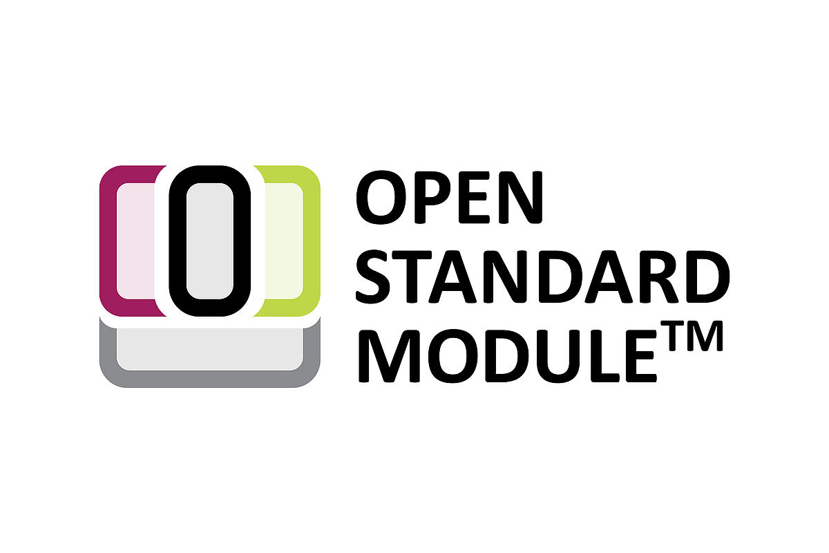 Logo featuring the text "Open Standard Module™" alongside a stylized design with colorful rectangular shapes in shades of pink, green, and gray.