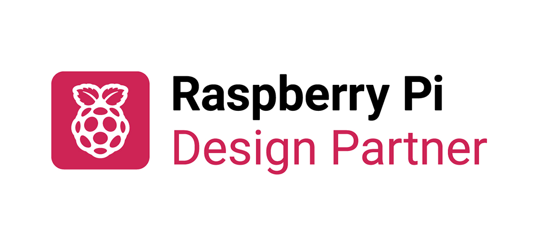 Raspberry Pi Design Partner logo featuring a pink square with a raspberry icon and the text "Raspberry Pi" in black and "Design Partner" in pink.