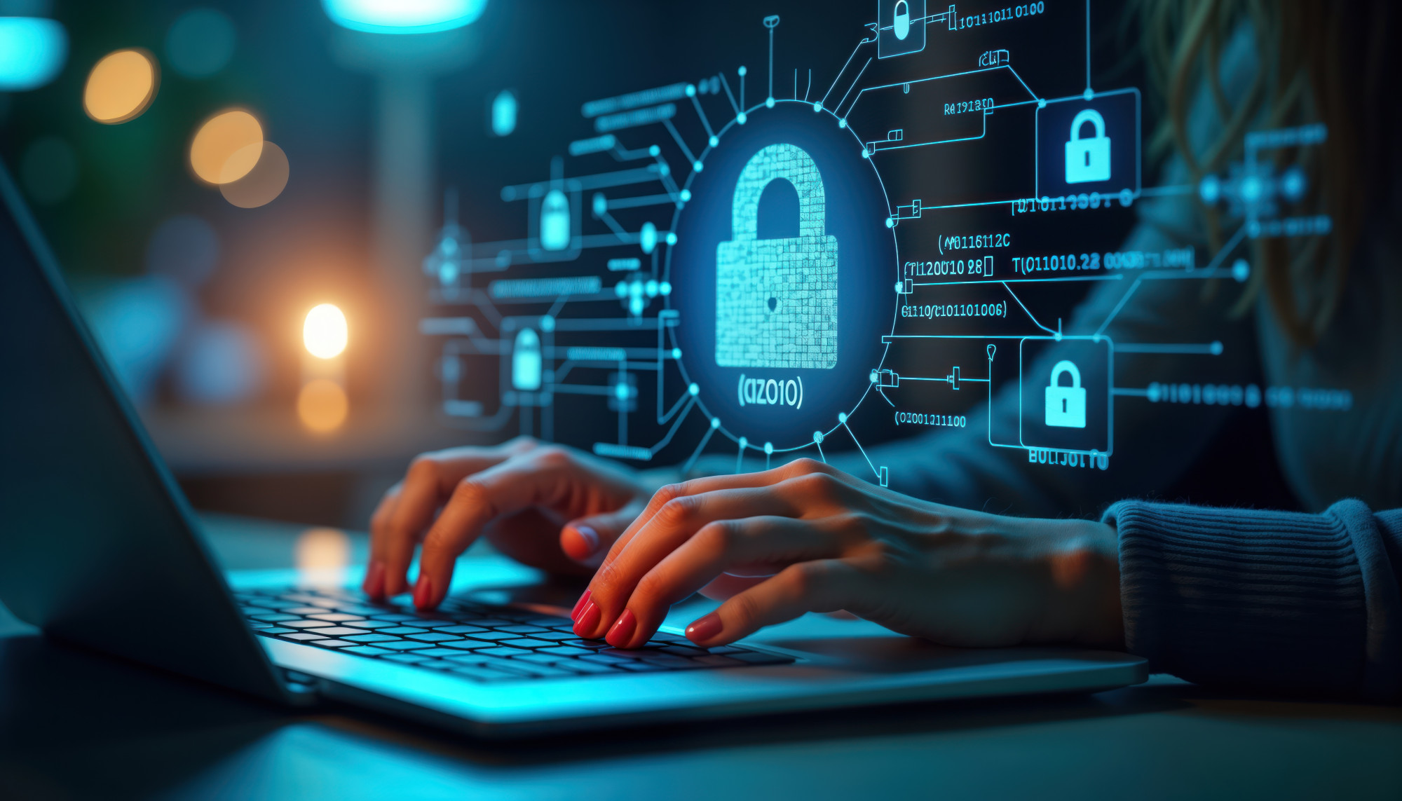 Hands typing on a laptop with a digital overlay of a padlock graphic and data connections, symbolizing cybersecurity and encryption.