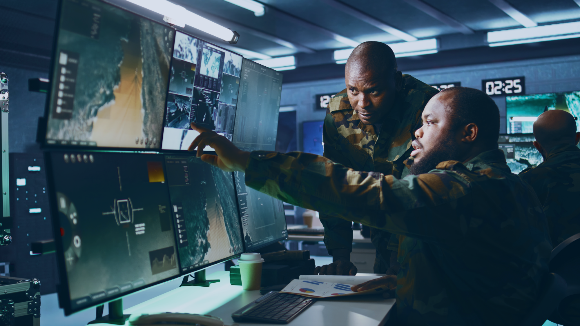 Two military personnel in camouflage uniforms are intensely focused on multiple large computer screens displaying maps and data in a dimly lit command center. One of the individuals is pointing at the screen while the other observes closely.