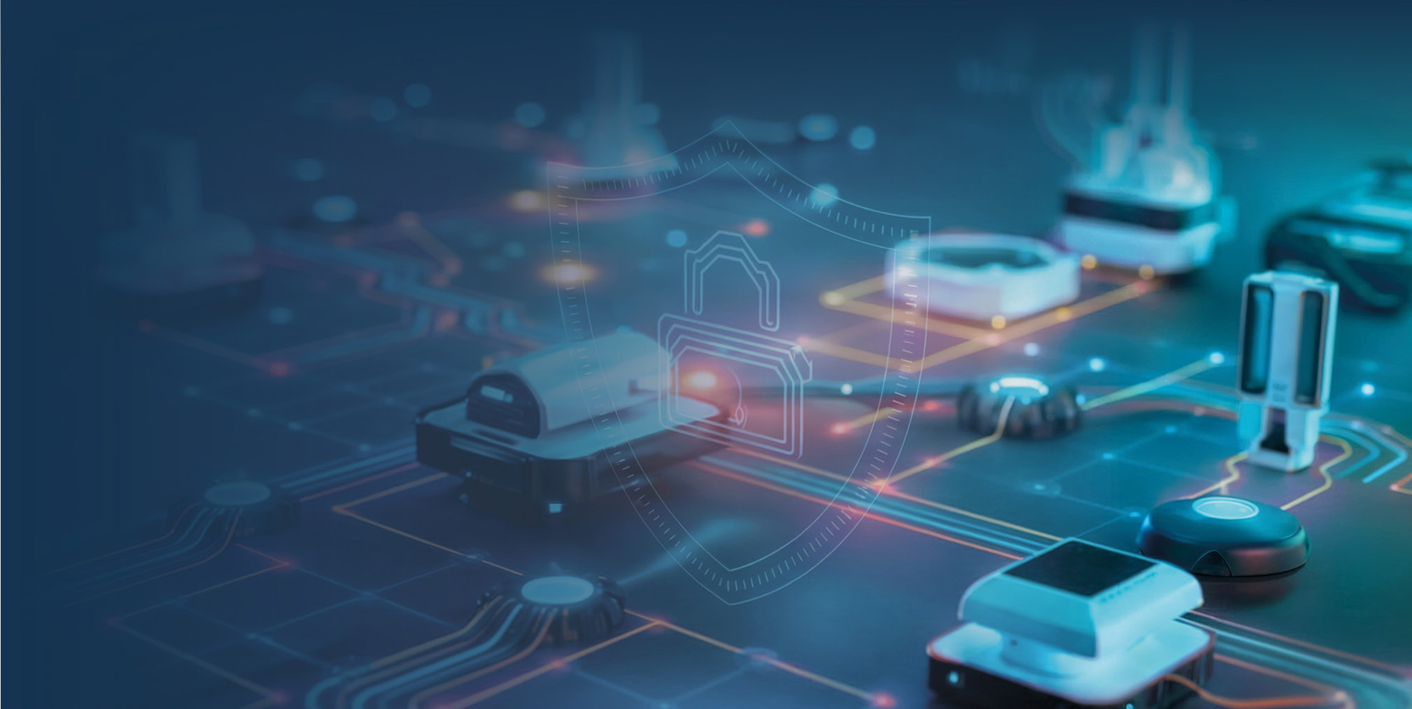 A close-up of a circuit board featuring various electronic components and connectors. The background is illuminated with blue and teal lighting, creating a technological atmosphere. A shield emblem is subtly overlaid, suggesting security and protection.