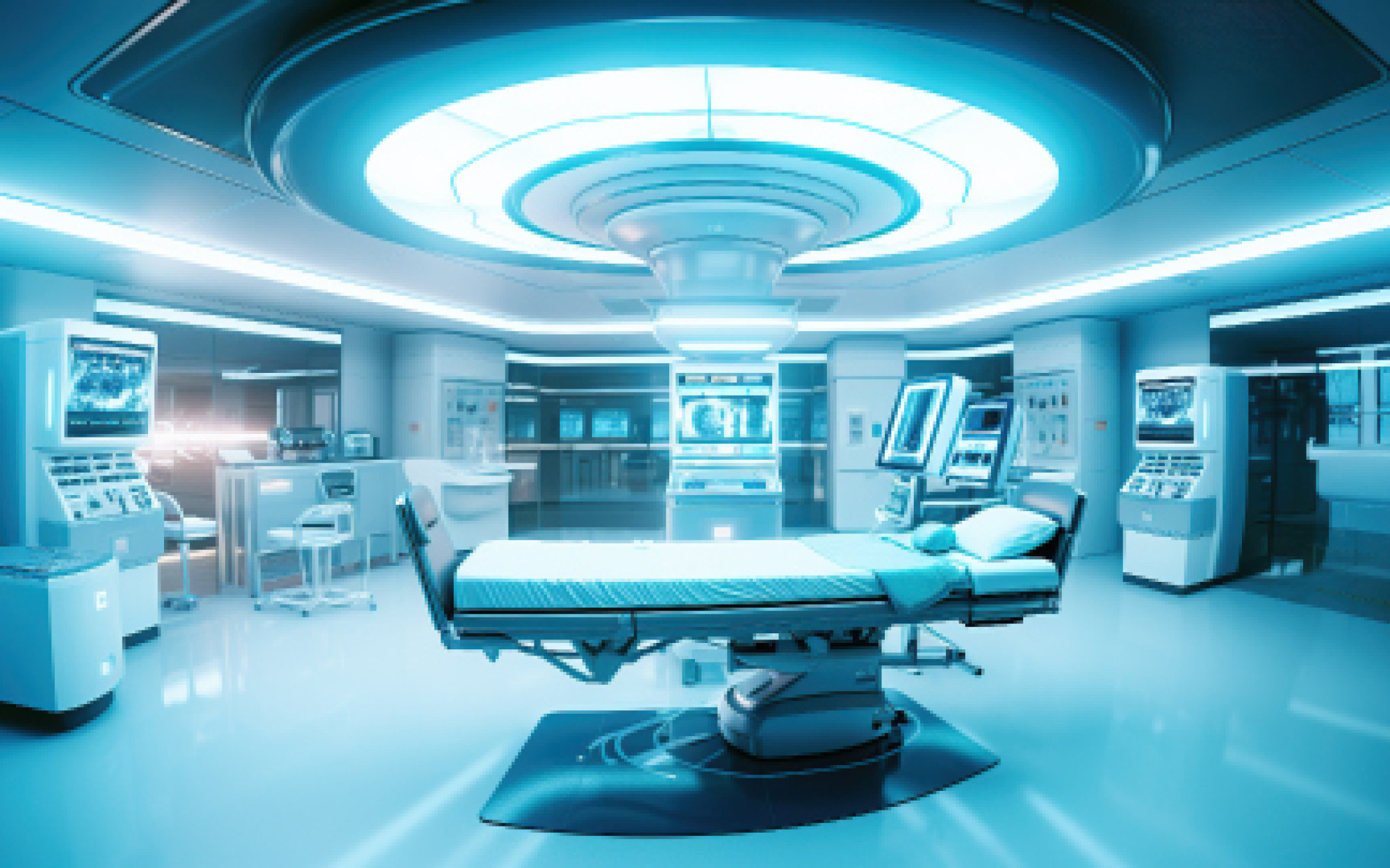 A futuristic medical operating room featuring a surgical bed, advanced medical equipment, and bright blue ambient lighting. The space has a sleek, sterile design with screens displaying medical information.