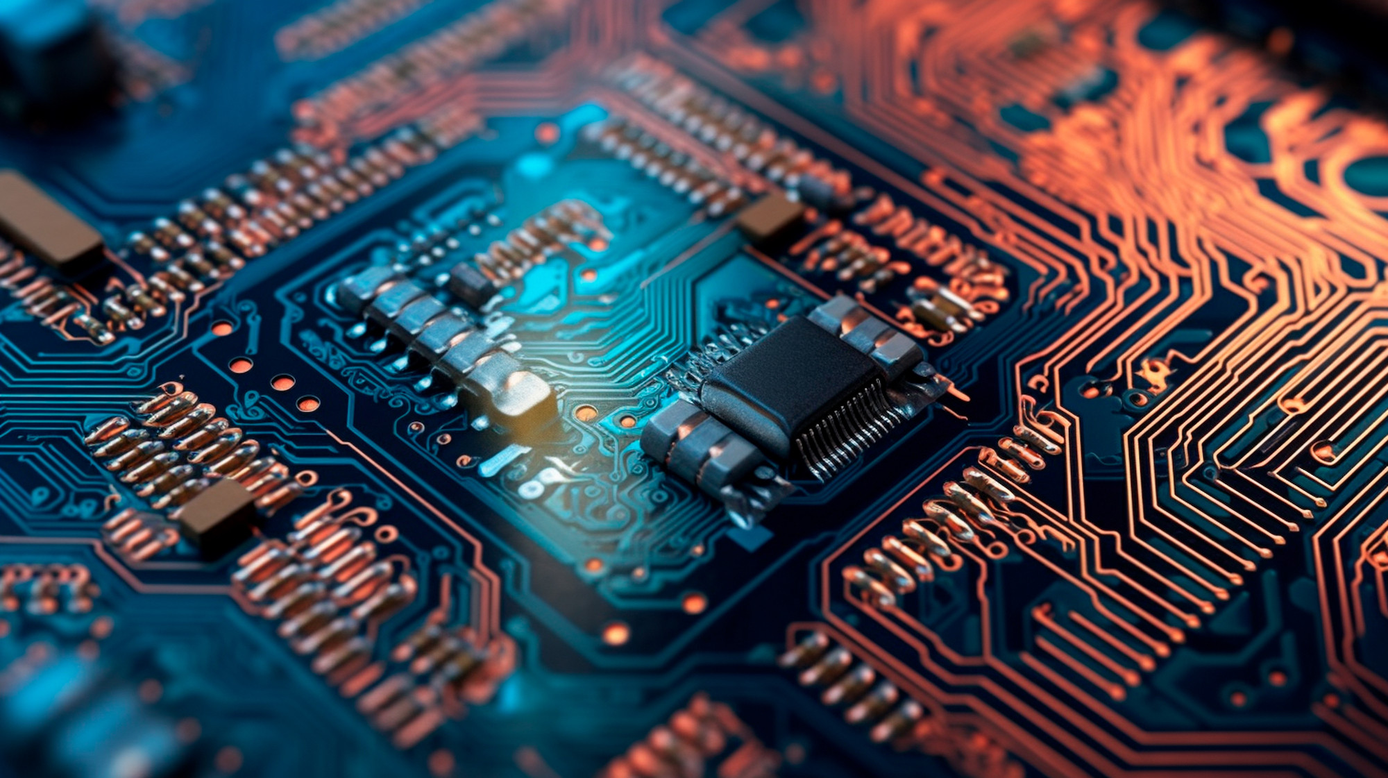 Close-up view of a complex circuit board featuring intricate pathways, microchips, and glowing components in blue and orange tones.