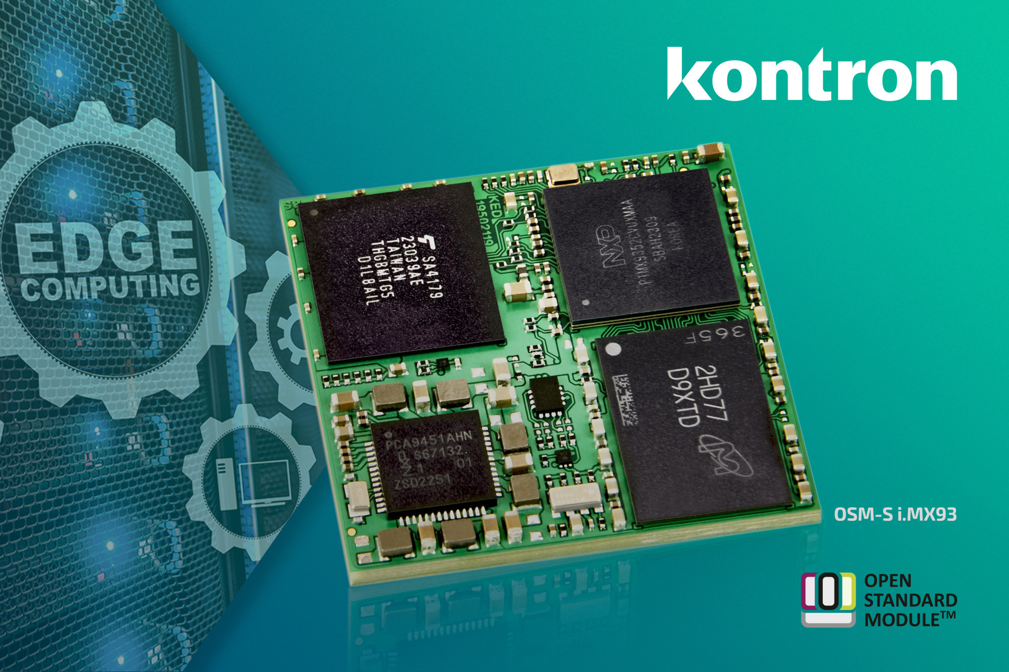 Ein Motherboard mit verschiedenen Mikrochips und Technologien für Edge Computing. Das Design enthält den Schriftzug "kontron" sowie das Logo für Open Standard Module.