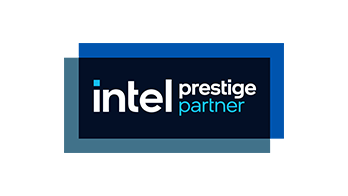 Das Logo von Intel mit dem Text "Intel Prestige Partner" in weißer und blauer Schrift auf dunklem Hintergrund.