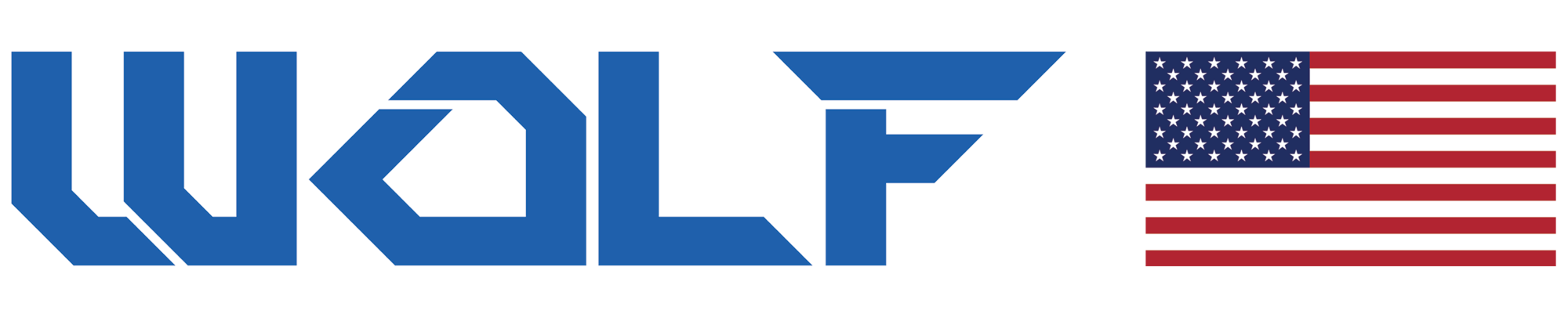 The image features the word "WOLF" in bold blue letters alongside a stylized American flag with stars on the left and red stripes on the right.