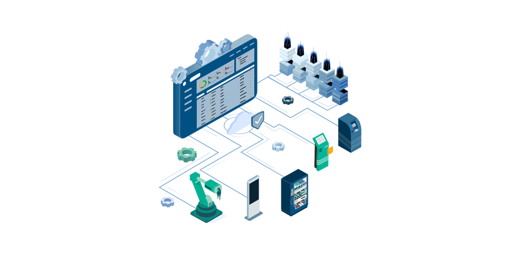 A digital illustration depicting a connected system with a central dashboard displaying data, surrounded by various machines including a robotic arm, payment terminals, and industrial equipment, all linked by lines representing data flow.