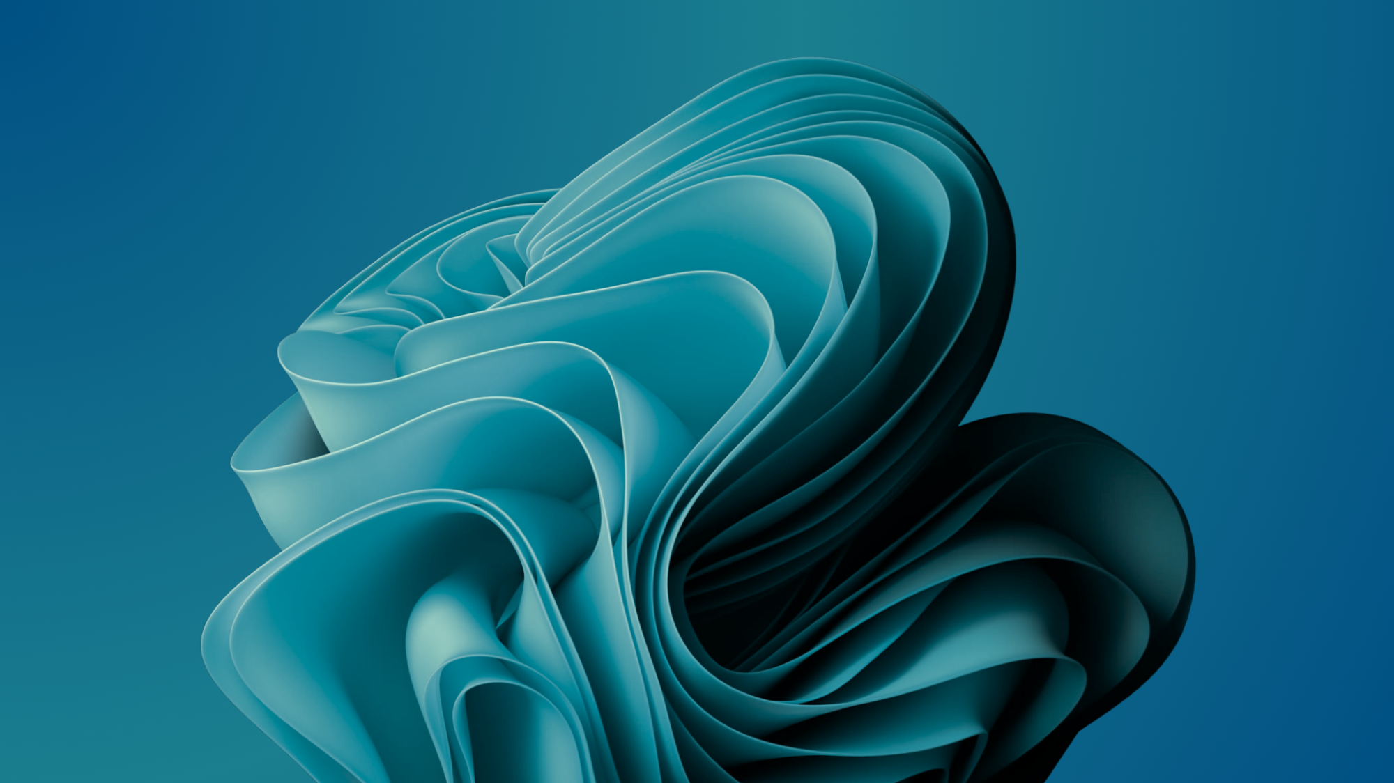 A smooth, flowing abstract shape composed of layered, teal-colored curves against a gradient blue background.