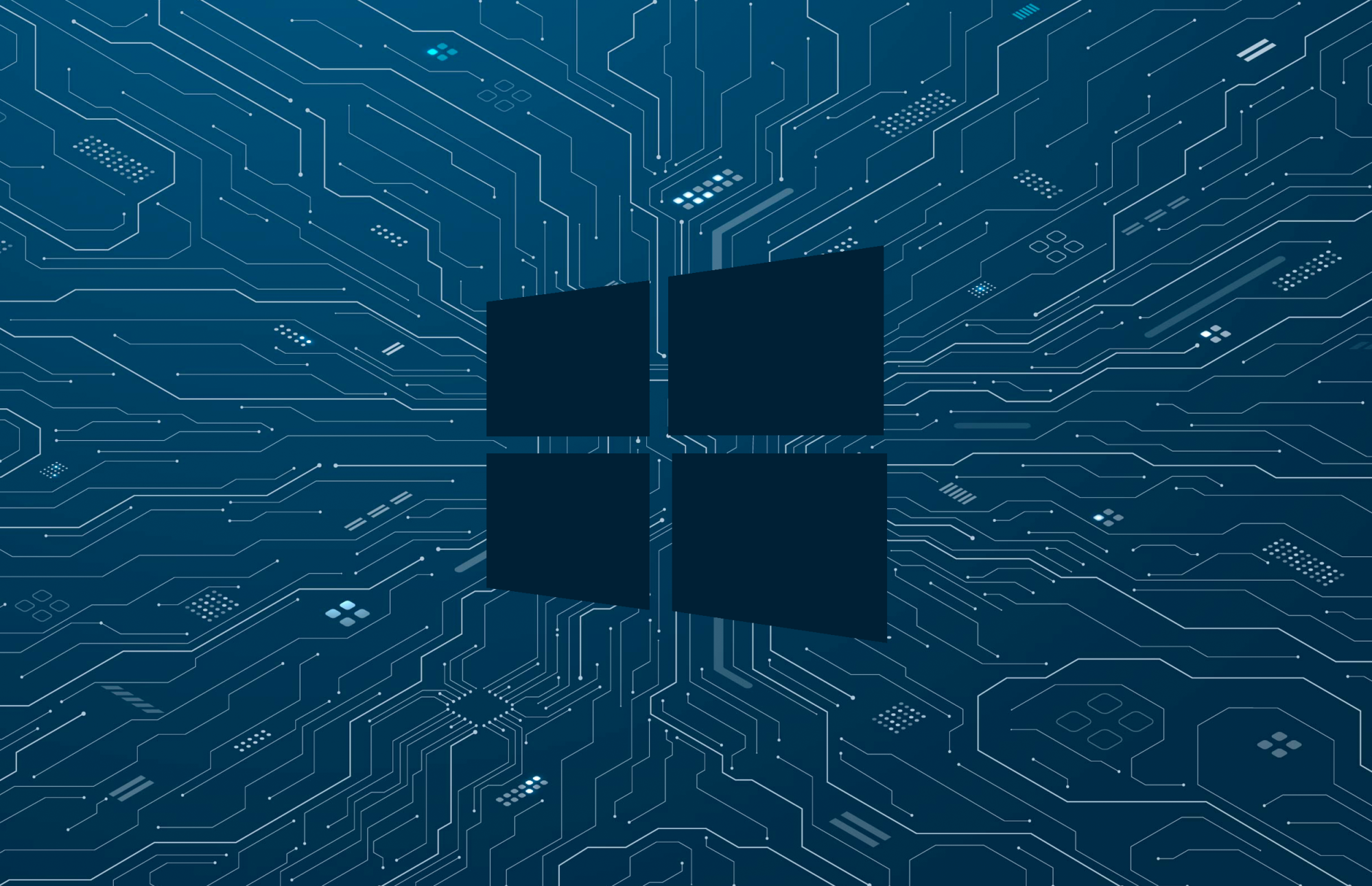 The background features a blue and dark circuit board design with various electronic patterns, prominently displaying the Windows logo at the center.